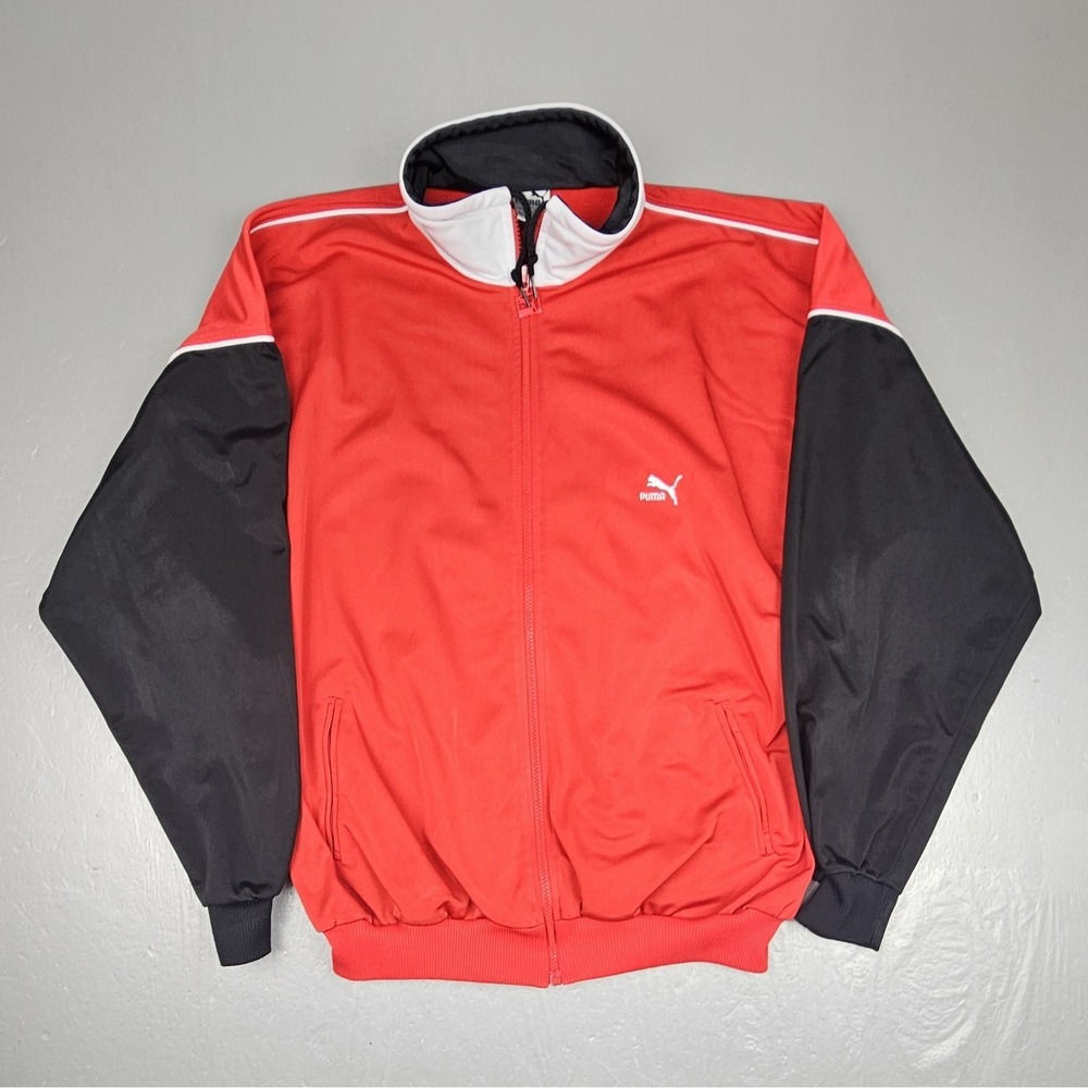 Vintage Puma Track Jacket Mens XL Red Black Full-Zip 80s Mock Neck Longsleeve